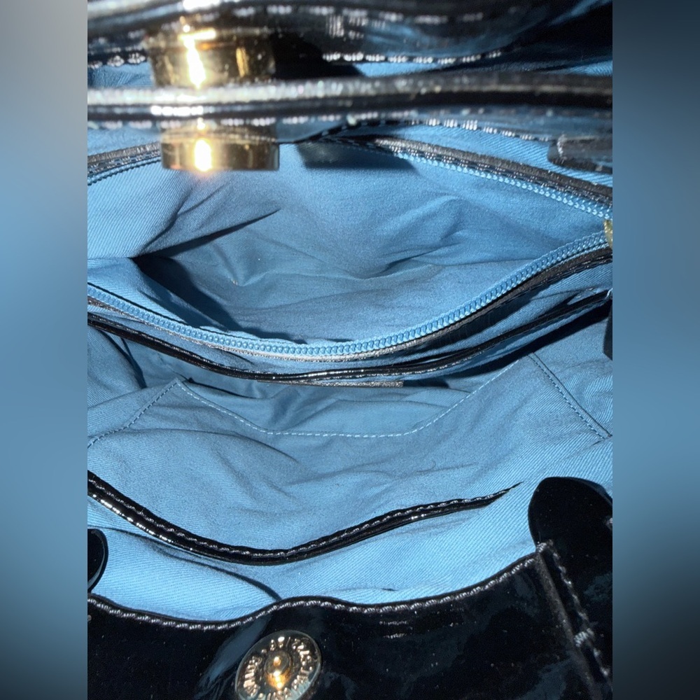 Dooney & Bourke Black Patent Leather Shoulder/Crossbody Satchel with Blue Lining - Picture 15 of 16